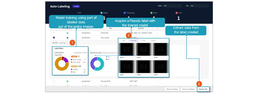 Model training using part of labeled data out of the entire images, Acquire a Pseudo label with the trained model, Extract data from the label created