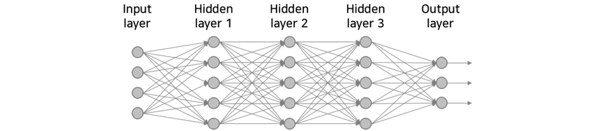 input layer, hidden layer 1, hiden layer 2, hidden layer 3, output layer