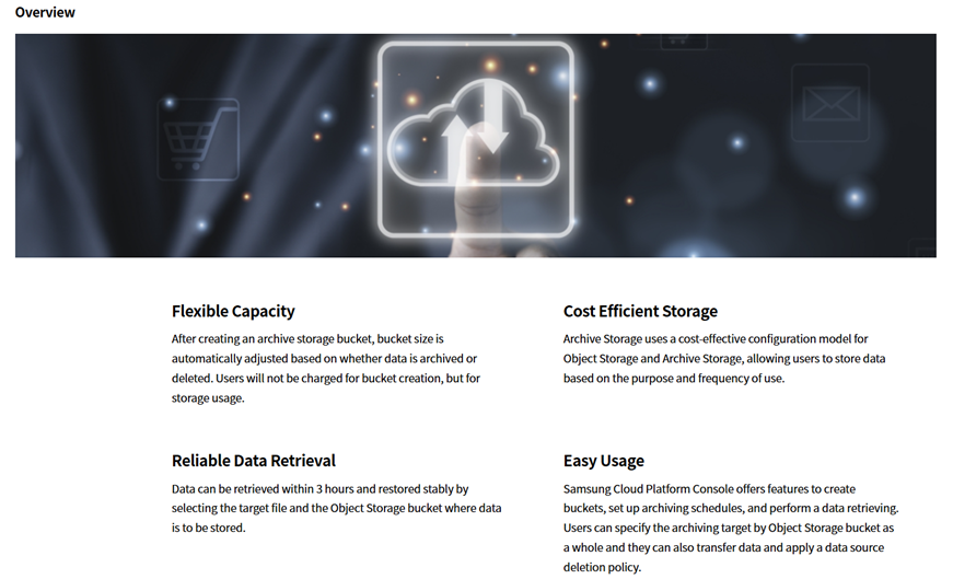 Samsung SDS Archive Storage product page showing flexible capacity and cost-efficient storage features