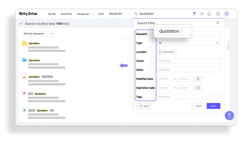 Brity Drive - Searching Quotation - Search Filter : Keyword, Type, Location , Owner, Editor, Modified Date, Expiration Date, Tags, Cancel/Search Buttons