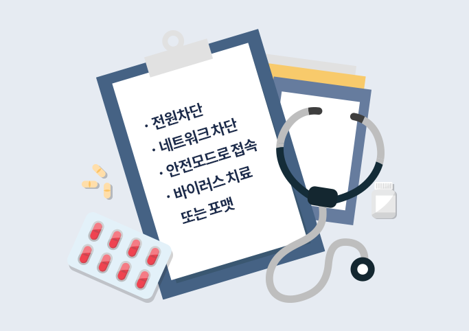 전원차단,네트워크차단,안전모드접속,바이러스치료 또는 포맷