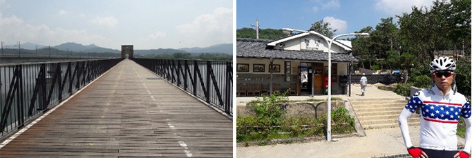 (좌) 철교를 개조한 자전거길, (우) 능내역 인증센터