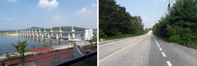 (좌) 여주보 인증센터, (우) 국도 옆 자전거길