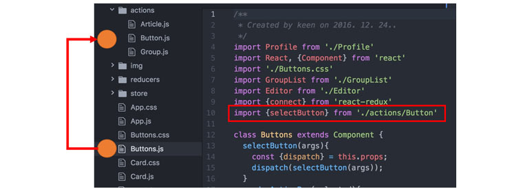 import 구문에 대한 코딩 예시 화면입니다. 좌측에는 폴더구조를 보여주는 창으로 actions 폴더 아래 Button.js가 존재하고 store 폴더 아래도 Buttons.js가 존재하고 있습니다. 현재 store 폴더 아래도 Buttons.js가 선택되어 있으며 Buttons.js의 코딩 중에 import {selectButton} from './actopms/Button' 이라고 적혀있는 부분에 빨간색 테두리가 표시되어 있습니다. 이부분은 상대 경로를 통해 해당 함수에 대한 로딩이 이루어지는 상태를 나타냅니다. 