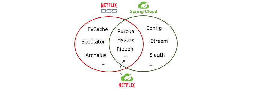 Netflix: Eureka, Hystrix, Ribbon / Netflix OSS: EvCache, Spectator, Archaius / Spring Cloud: Config, Stream, Sleuth