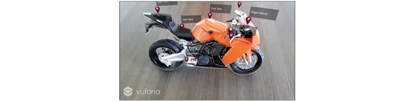 뷰포리아(Vuforia)의 AR 엔진을 사용하여 오토바이 모델을 인식한 모습