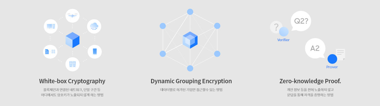 White-box Cryptography : 블록체인과 연결된 네트워크, 단말 구간 등 어디에서도 암호키가 노출되지 않게 하는방법, Dynamic Grouping Encryption : 데이터별로 허가된 기업만 접근할 수 있는 방법, Zero-knowledge Proof. : 개인 정보 등을 전혀 노출하지 않고 문답을 통해 자격을 증명하는 방법