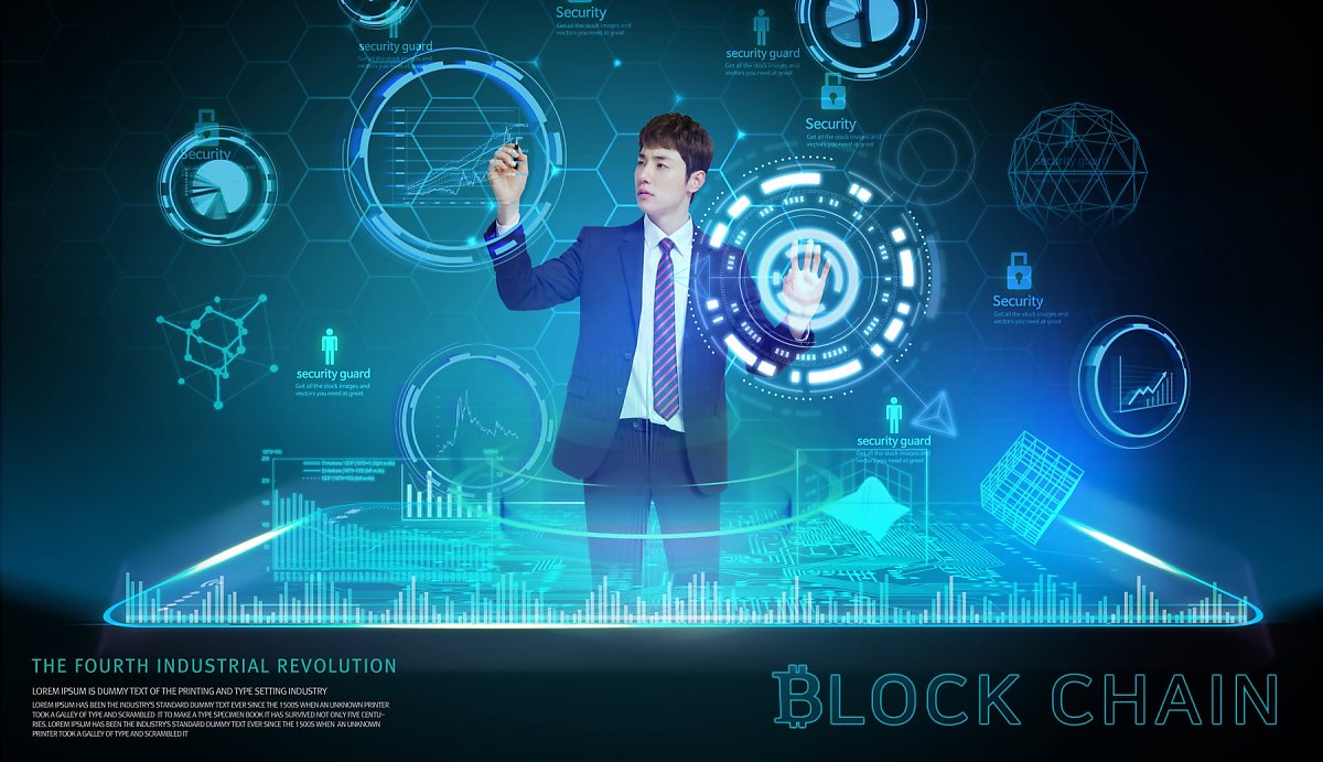 한 남성이 다양한 데이터들을 공중에서 검색하는 모습으로 오른쪽 아래 BLOCK CHAIN이 적혀있다