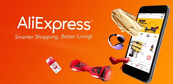 알리익스프레스의 "Smarter Shopping, Better Living!" 슬로건과 함께 다양한 상품들이 스마트폰 화면에서 나오는 모습을 보여주는 공식 광고 배너 이미지입니다.