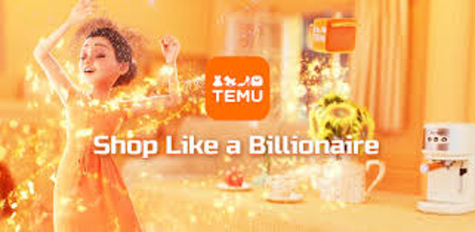테무(TEMU)의 'Shop Like a Billionaire' 슬로건이 담긴 광고 배너로, 중국 이커머스 플랫폼의 초저가 공세를 상징하는 마케팅 이미지입니다.