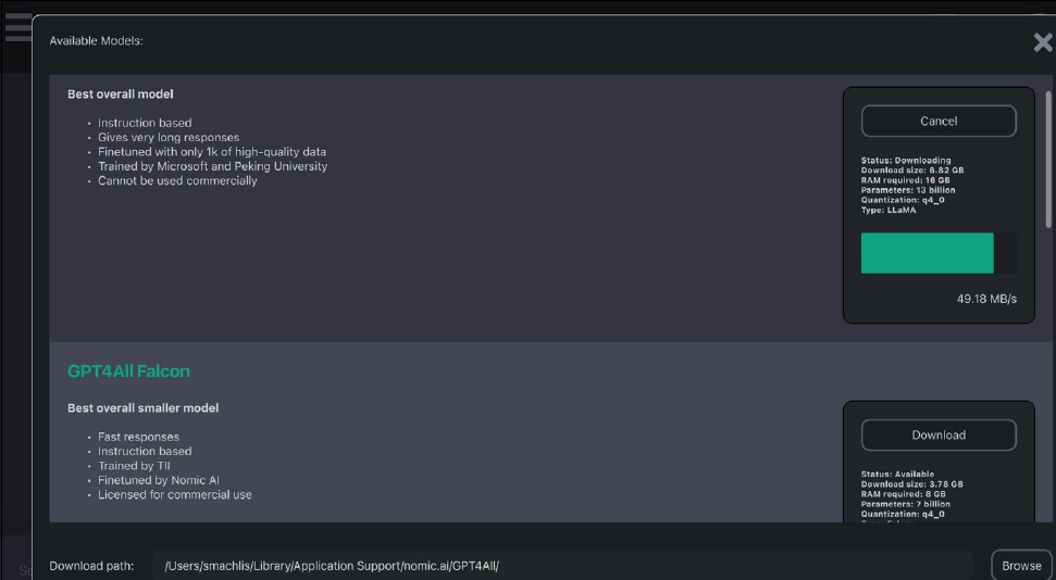 GPT4All 내 모델 다운로드 인터페이스 캡쳐 화면