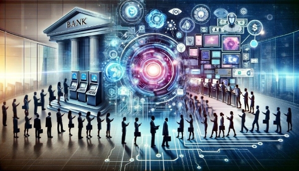 전통적인 은행과 디지털 기술이 융합된 AI 기반 핀테크 2.0 시대를 표현한 개념 이미지입니다.