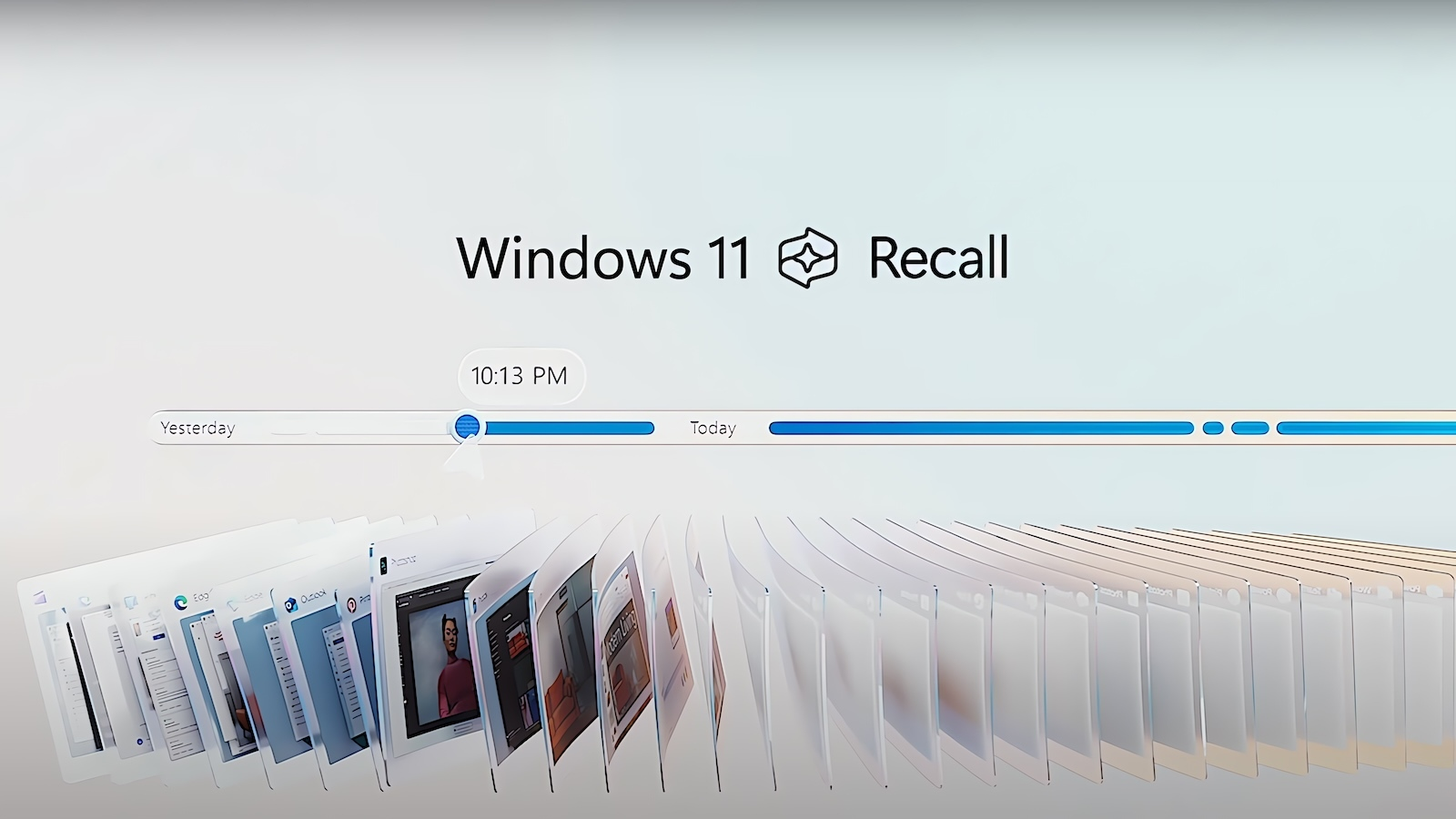 Windows 11의 리콜(Recall) 기능 인터페이스로, 어제와 오늘의 PC 작업 기록을 타임라인으로 시각화하여 사용자가 과거 활동 내역을 쉽게 검색하고 되돌아볼 수 있도록 지원하는 화면입니다.
