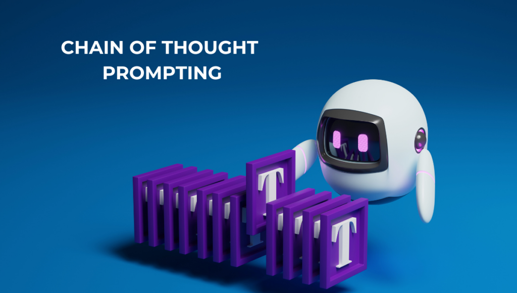 Chain of Thought Prompting 기법을 시각적으로 표현한 이미지로, AI 로봇이 보라색 블록들을 단계별로 배열하며 복잡한 문제를 논리적 사고 과정을 거쳐 해결하는 모습을 3D 렌더링으로 구현했습니다.