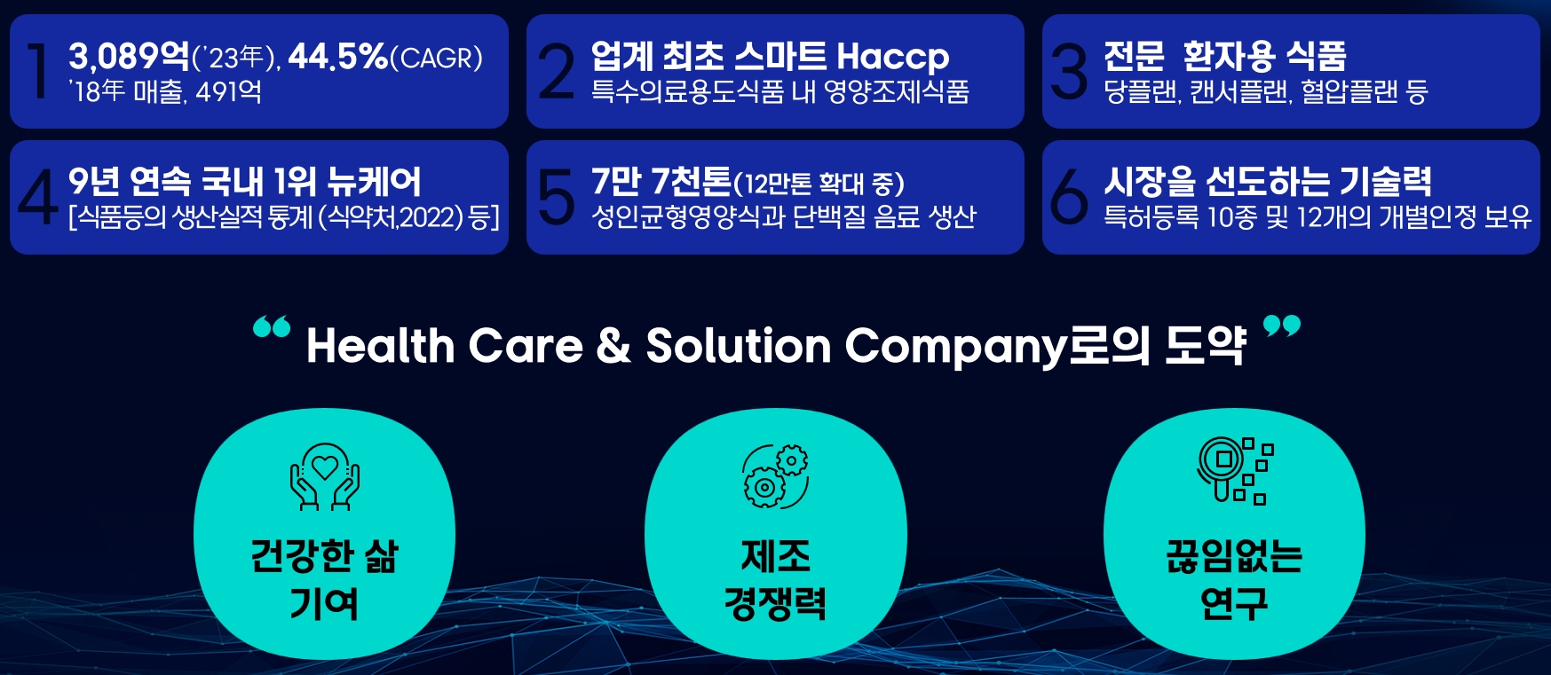 대상웰라이프의 사업 개요를 소개하는 이미지입니다. 건강한 삶 기여, 제조 경쟁력 확보, 끊임없는 R&D 수행이라는 목표를 가지고 사업을 전개하고 있습니다.