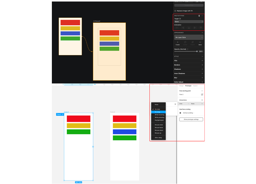 스케치, 피그마의 프로토타이핑 기능 세팅 화면