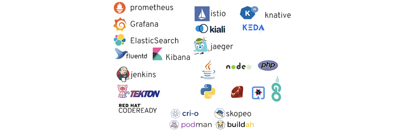 prometheus,istio,knative,Grafana,kigli,KEDA,ElasticSearch,jaeger,fluentd,Kibana,node,php,jenkins,TekTon,RED HAT CoDEREADY,cri-o,podman,skopeo,buildah