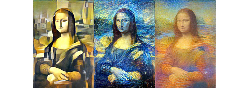 Mona Lisa restyled by Picasso, van Gogh, and Monet
