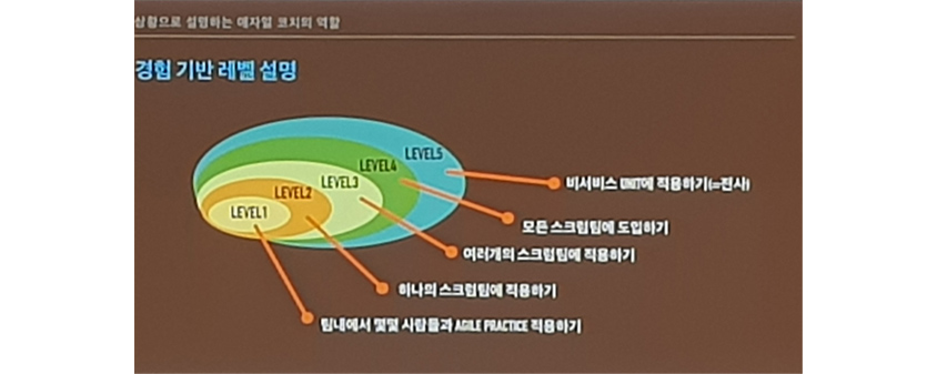 애자일 코치 레벨 이미지: 경험 기반 레벨 설명 LEVEL1: 팀내에서 몇몇 사람들과 AGILE PRACTICE 적용하기, LEVEL2: 하나의 스크럼팀에 적용하기, LEVEL3:여러개의 스크럼팀에 적용하기, LEVEL4:모든 스크럼팀에 도입하기, LEVEL5: 비서비스 UNIT 에 적용하기(전사는 아님)