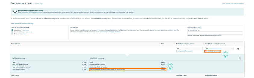  Amazon Seller Central - Create removal order page
