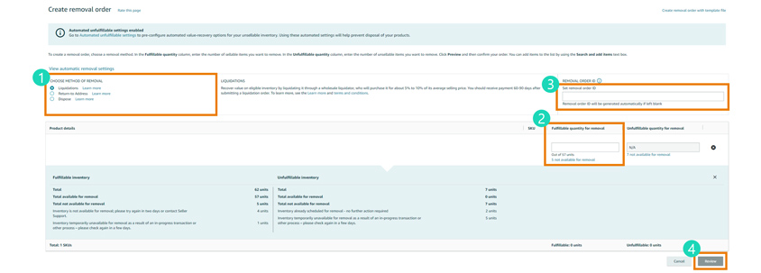 Amazon Seller Central - Create removal order page