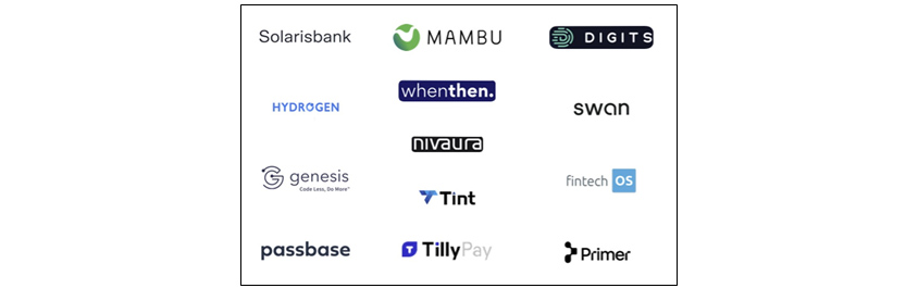 Solarisbank, MAMBU, DIGITS, HYDROGEN, whenthen., swan, nivaura, genesis, Tint, fitechOS, passbase, TillyPay, Primer