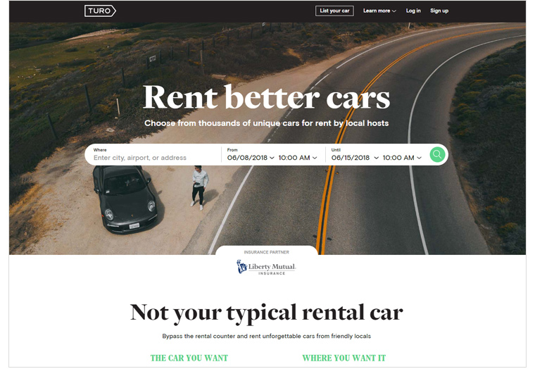 turo 홈페이지 캡쳐. Rent better cars. choss from thousands of unique cars for rent by local hosts