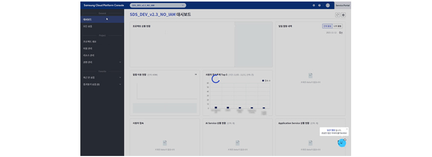 삼성SDS에서 제공 중인 다양한 클라우드 자원을 고객 입맛에 맞게 관리하고 실시간 모니터링할 수 있는 대시보드 화면