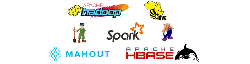 APACHE hadoop, HIVE, Spark, MAHOUT, APACHE HBASE 
