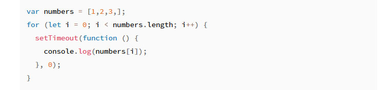 var코드 let으로 변환 - var number=[1,2,3,]; for (let i=0; i < number.length; i++) { setTimeout(function () { console. log(number[i]); }, 0); }