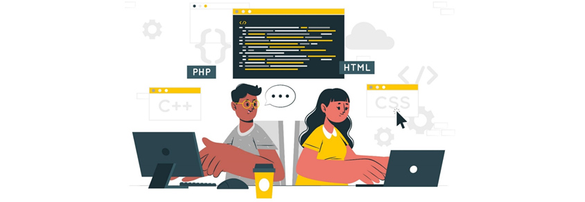 PHP와 HTML을 페어 프로그래밍을 통해 코드를 리뷰하는 장면