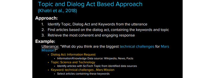 Topic and dialog act based approach - 대화 내에서 주제, Dialog act, 키워드를 인식하고 그것과 관련된 글을 찾아 학습한 뒤, 논리적인 피드백을 만들어 내는 방식 설명