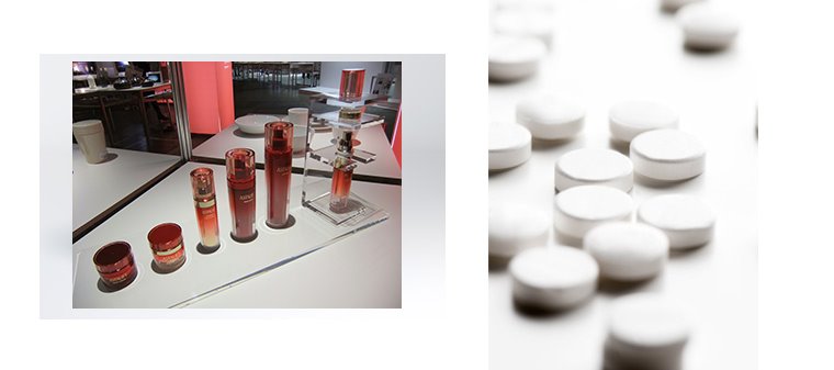 (좌) ASTALIFT (출처: ASTALIFT) - 화장품, (우) AVIGAN Tablet 200mg (출처: FUJIFILM HOLDINGS CORP) - 알약