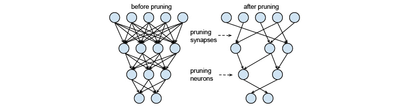 Pruning 이전과 이후의 Neural Network , 신경망은 각 뉴런이 독립적으로 동작하는 처리기의 역할을 하기 때문에 병렬성이 뛰어나고
      많은 연결선에 정보가 분산되어 있기 때문에 몇몇 뉴런에 문제가 발생하더라도 전체 시스템에 큰 영향을 주지 않으므로 결함 허용(fault tolerance) 능력이 있으며, 주어진 환경에 대한 학습 능력이 있다.
      신경망은 이와 같은 특성 때문에 인공지능 분야의 문제해결에 이용되고 있으며 문자인식 화상처리 자연언어처리 음성인식등 여러 분야에서 이용되고 있다 