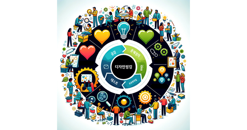디자인 씽킹 5단계 프로세스를 원형으로 표현한 인포그래픽입니다. 중심에 '디자인씽킹'이 배치되고, 주변으로 공감-문제정의-아이디어-프로토타입-테스트 단계가 순환 구조로 연결되어 있으며, 다양한 사람들과 아이콘들이 각 단계별 활동을 시각화합니다.