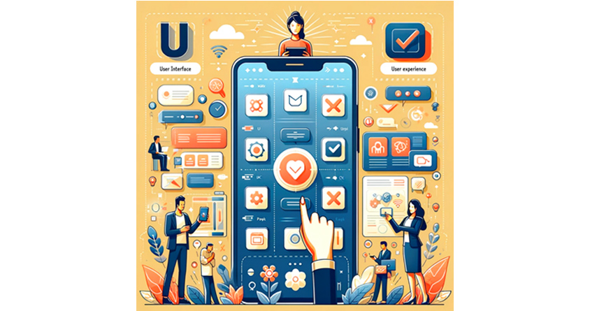 User Interface와 User eXperience 설계 과정을 표현한 일러스트입니다. 중앙의 스마트폰 화면을 중심으로 좌측에는 UI 설계 요소들이, 우측에는 UX 경험 요소들이 배치되어 있으며, 사용자들이 디지털 제품과 상호작용하는 모습을 통해 사용자 중심 디자인의 중요성을 보여줍니다.