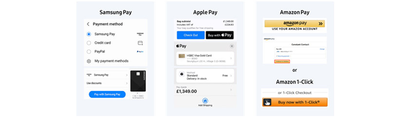 Online Payment 시스템 – (좌) 삼성전자 모바일 결제, (중) 애플 모바일 결제, (우) 아마존 웹 결제