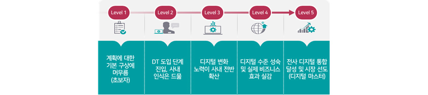 Level 1 - 계획에 대한 기본 구상에 머무름(초보자), Level 2 - DT 도입 단계 진입, 사내 인식은 드묾, Level 3 - 디지털 변화 노력이 사내 전반 확산, Level 4 - 디지털 수준 성숙 및 실제 비즈니스 효과 실감, Level 5 - 전사 디지털 통합 달성 및 시장 선도(디지털 마스터)