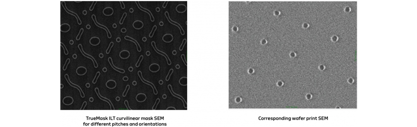 
Truemask ILT curvillinear mask SEM for different pitch and orientations, Corresponding wafer print SEM