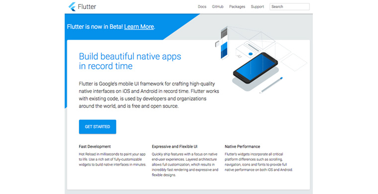 Flutter 홈페이지 화면으로 파랑색과 흰색을 주로 이용하여 구성되어 있고 Build beautiful native apps in record time 이라는 타이틀과 Flutter is Google's mobile UI framework for crafting high-quality native interfaces on iOS and Android in record time. Flutter works with existing code, is used by developers and organizations around the world, and is free and open source. 라고 설명이 적혀 있다. 그 아래도 GET STARTED 버튼이 있다.