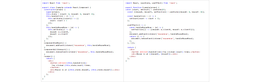그림1 - 마우스 버튼 클릭 횟수와 위치정보 컴포넌트. 클래스 컴포넌트(좌), Hooks API를 이용한 함수 컴포넌트(우) : mkdir puppeteer-project && cd puppeteer-project;yarn add puppeteer; use strict; const puppeteer = require(puppeteer);(async() = > {; const brower= await puppeteer.launch(); const page = await browser.newPage();await page.goto(http://google.com,);mkdir puppeteer-project && cd puppeteer-project;yarn add puppeteer; use strict; const puppeteer = require(puppeteer);(async() = > {; const brower= await puppeteer.launch(); const page = await browser.newPage();await page.goto(http://google.com,);
