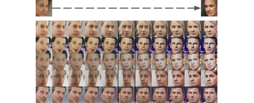 왼쪽을 바라보는 얼굴과 오른쪽을 바라보는 얼굴 사이에 회전하는 얼굴 평균