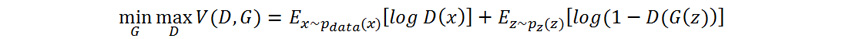 min/⁡G max/⁡D V(D,G) = E <sub>(x~pdata<sup> (x)</sup>)</sub> [log⁡D(x)]+E <sub>(z~pz<sup>(z)</sup></sub>) [log(1 -⁡ D(G(z))]