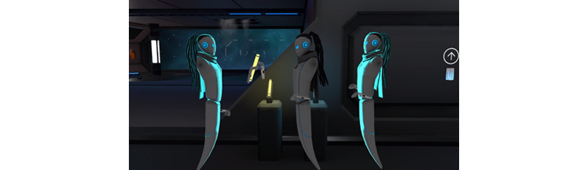 Altspace VR의 VR Capture 시연 장면 - 녹화된 아바타가 건네는 형광봉을 플레이어가 실시간 상호작용을 통해 전달받고 있다