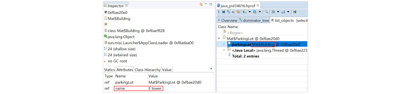 그림 6: MAT의 inbound list objects: inspector Ox6ae20e0 MatSBuilding  class MatBuilding Ox6ae9f28 javalang Object sun misc Launche Statics Attributes Class Hierachy Value  type name Value ref parkingLot MatParkingLot @ Ox6ae20d0 ref name E tower 클flr java.pid34616hpof 클릭 parkingLotMat$Building @ Ox6ae20e0