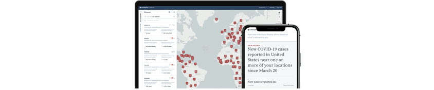 캐나다 AI 스타트업 블루닷(BlueDot) 집단 감염이 발생한 위험 지대 지도 표시