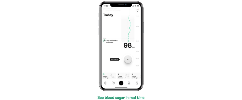 블루투스로 연결된 Continuous Glucose Monitoring 바이오센서와 스마트폰으로 혈당 측정