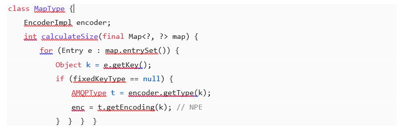 Apache Qpid Proton-j 프로젝트의 EncoderImpl.java 코드 예시로, calculateSize 메서드에서 t.getEncoding(k) 호출 시 NPE가 발생할 수 있는 지점을 보여줌