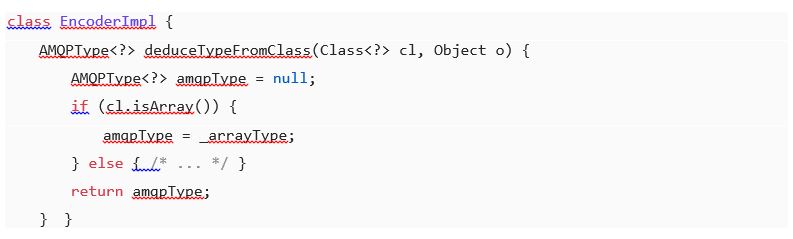 Apache Qpid Proton-j 프로젝트의 EncoderImpl.java 코드 예시 - NPE 원인이 되는 deduceTypeFromClass 메서드의 AMQPType 반환 로직 부분