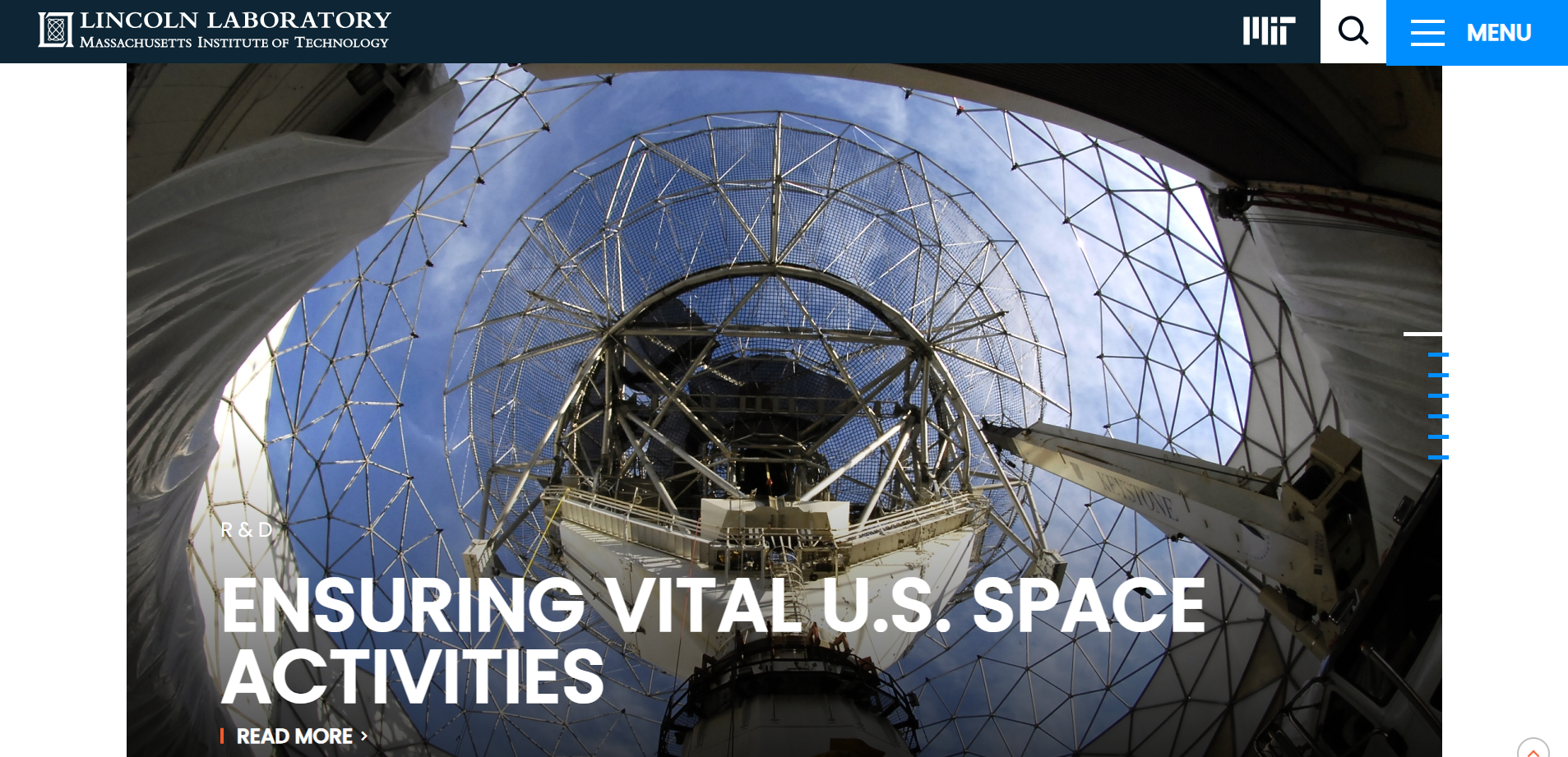 [Figure 3] MIT 링컨 연구소 홈페이지 메인 페이지 캡처 - 'ENSURING VITAL U.S. SPACE ACTIVITIES' 제목 표시